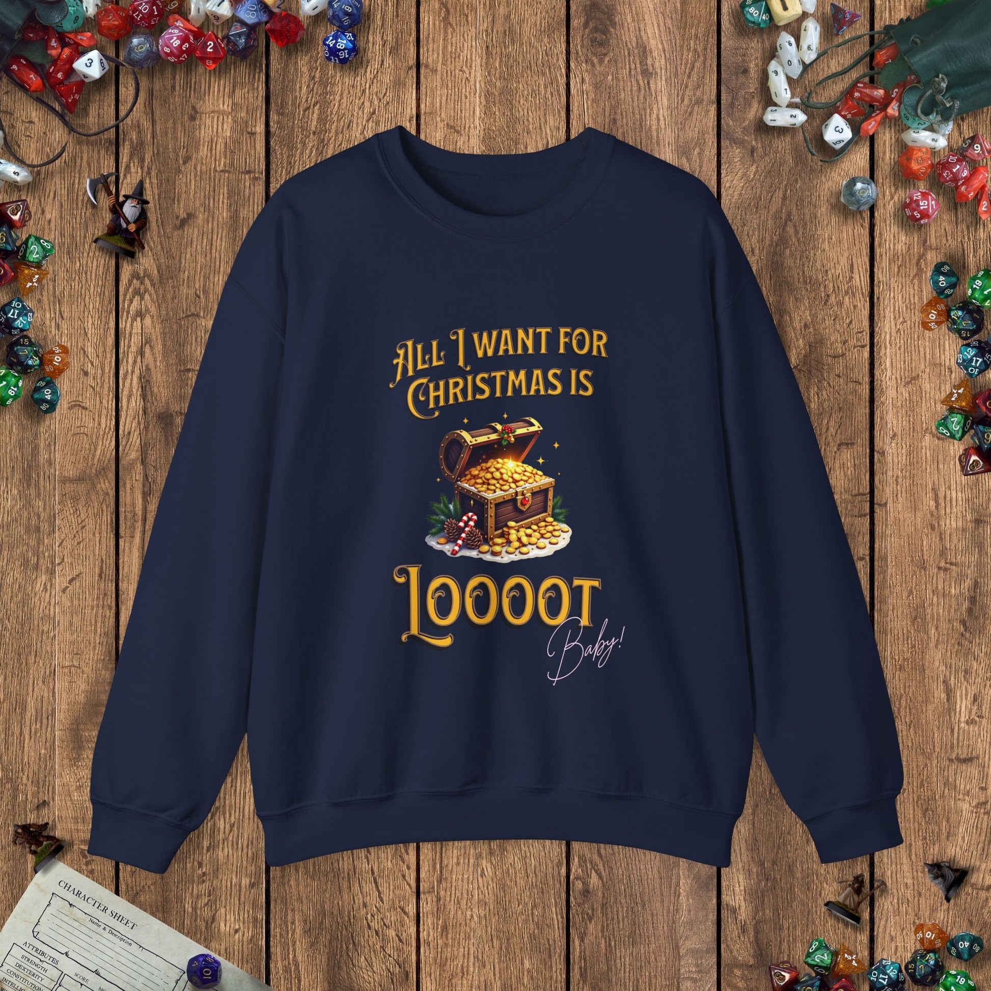 All I Want for Christmas Is Loooot Funny DnD Christmas Sweater Designed by GeekHaven