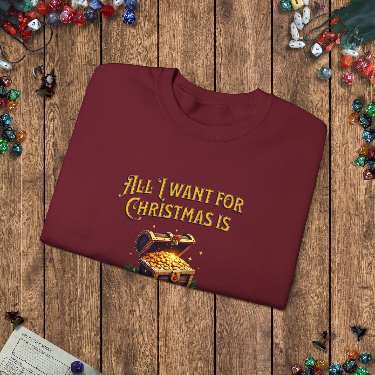 All I Want for Christmas Is Loooot Funny DnD Christmas Sweater Designed by GeekHaven