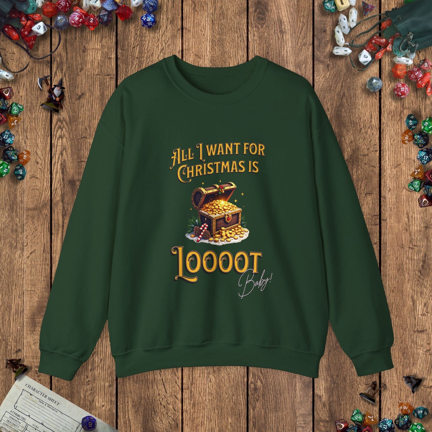 All I Want for Christmas Is Loooot Funny DnD Christmas Sweater Designed by GeekHaven