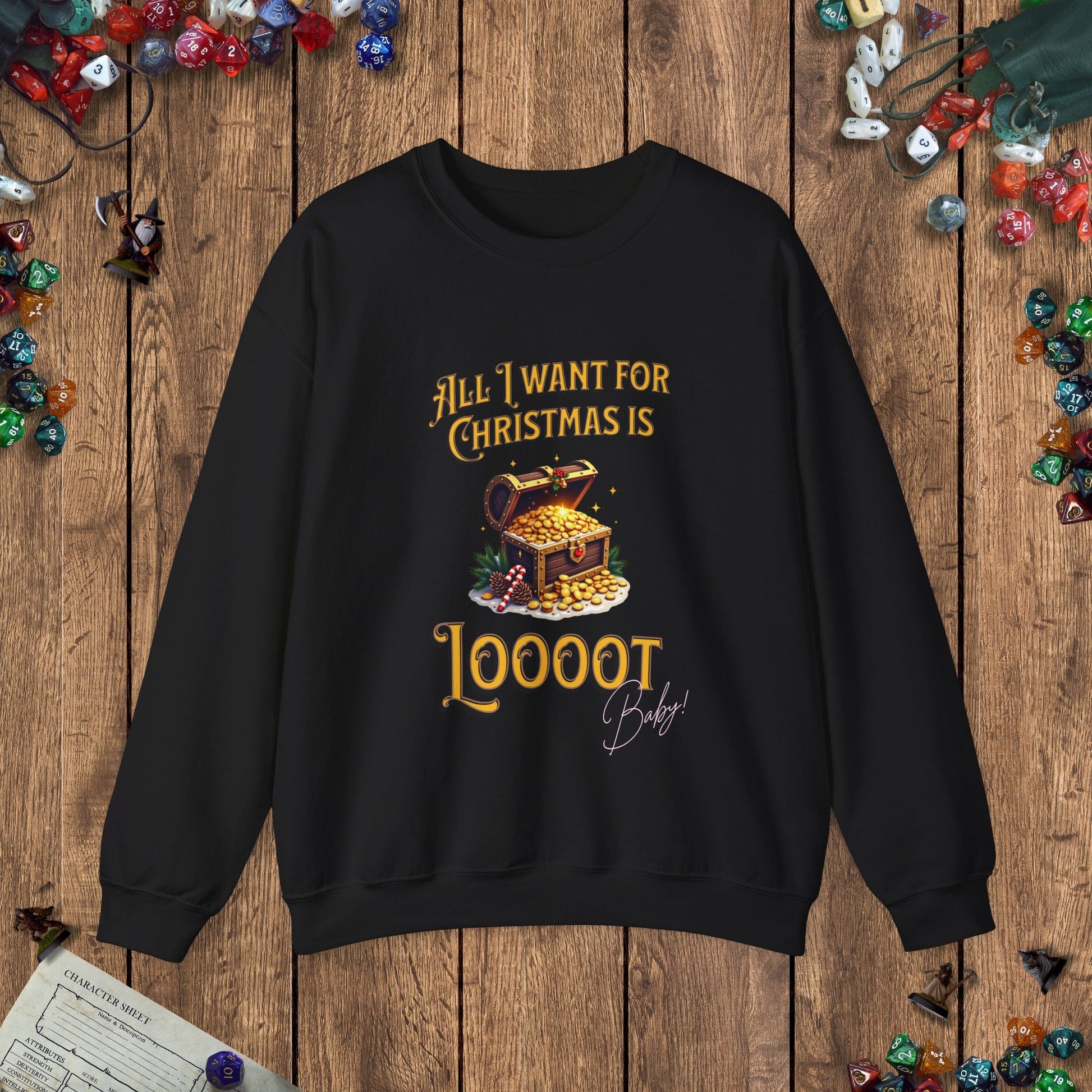 All I Want for Christmas Is Loooot Funny DnD Christmas Sweater Designed by GeekHaven