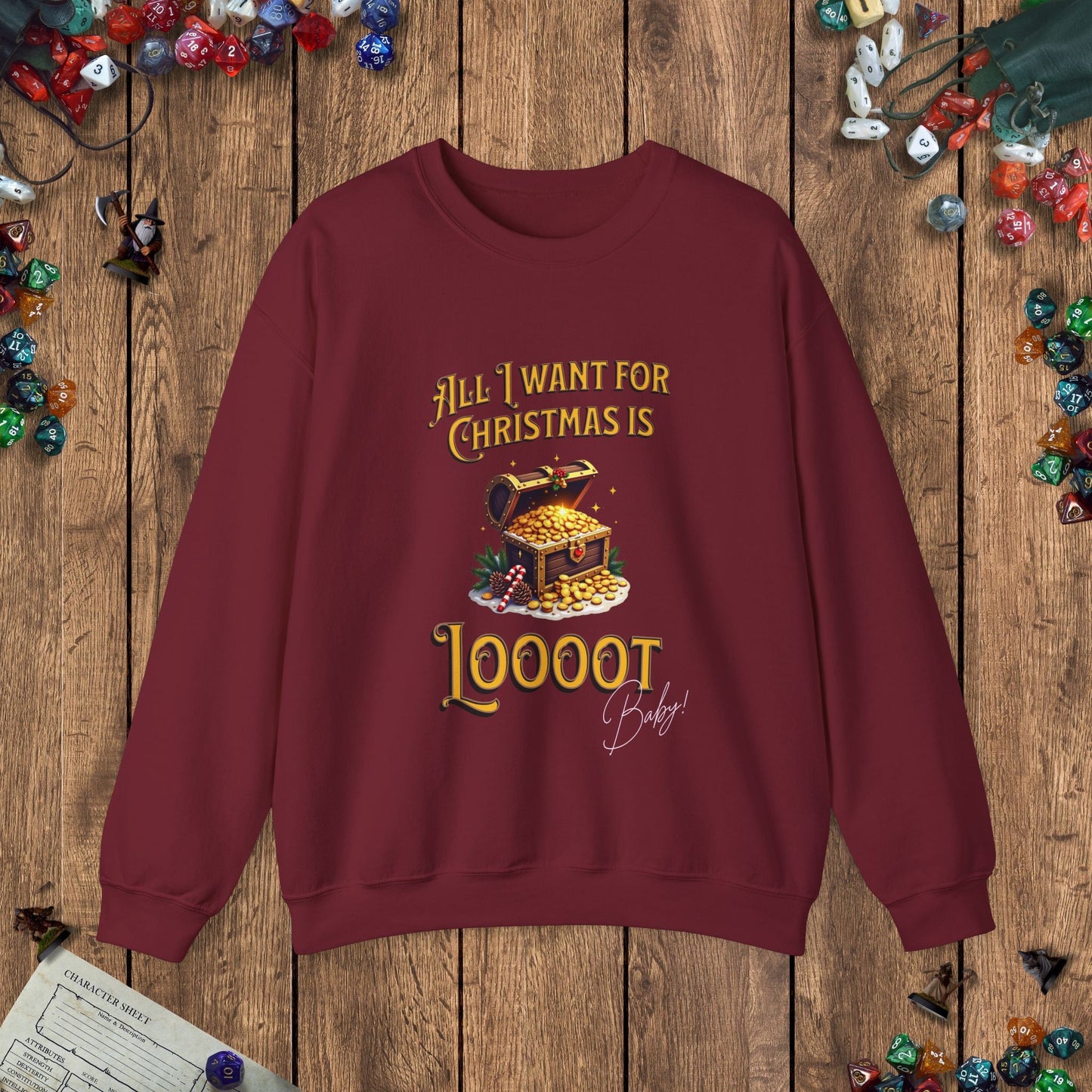 All I Want for Christmas Is Loooot Funny DnD Christmas Sweater Designed by GeekHaven