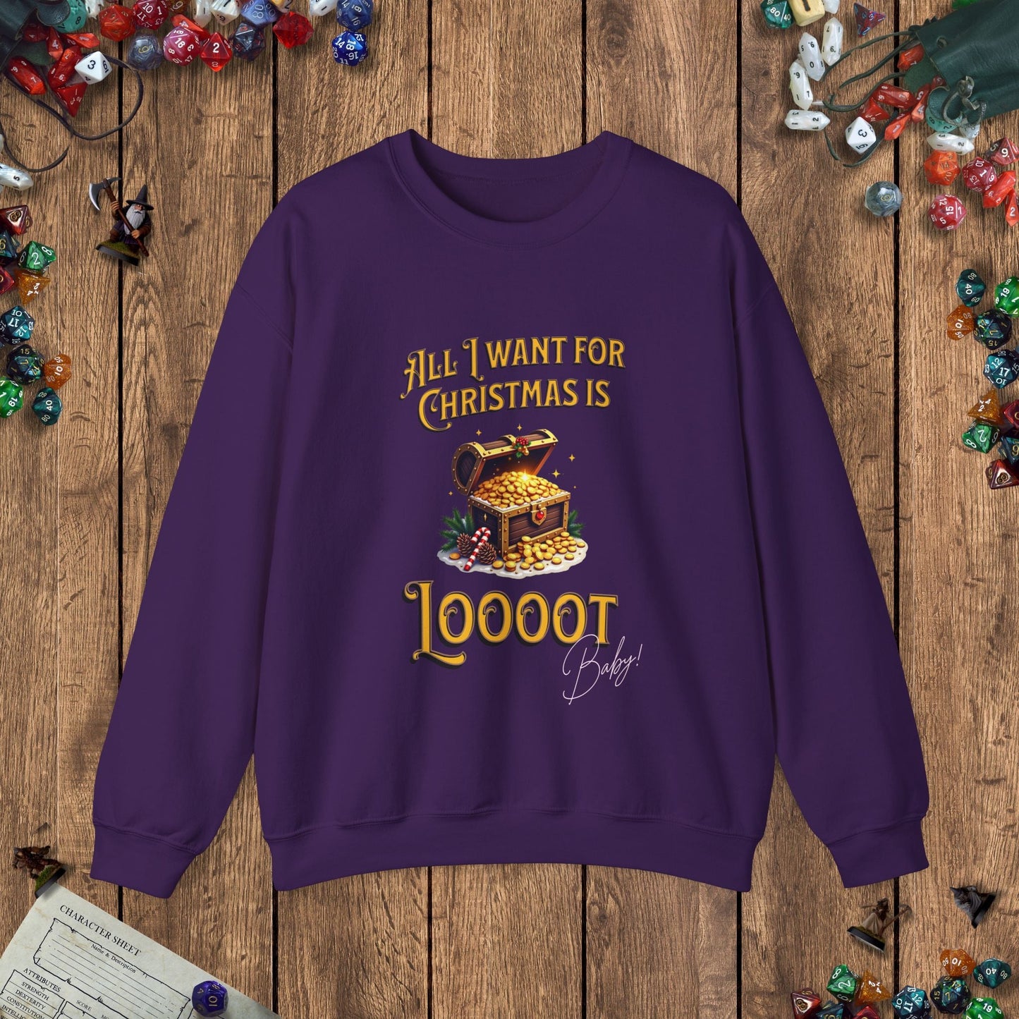 All I Want for Christmas Is Loooot Funny DnD Christmas Sweater Designed by GeekHaven