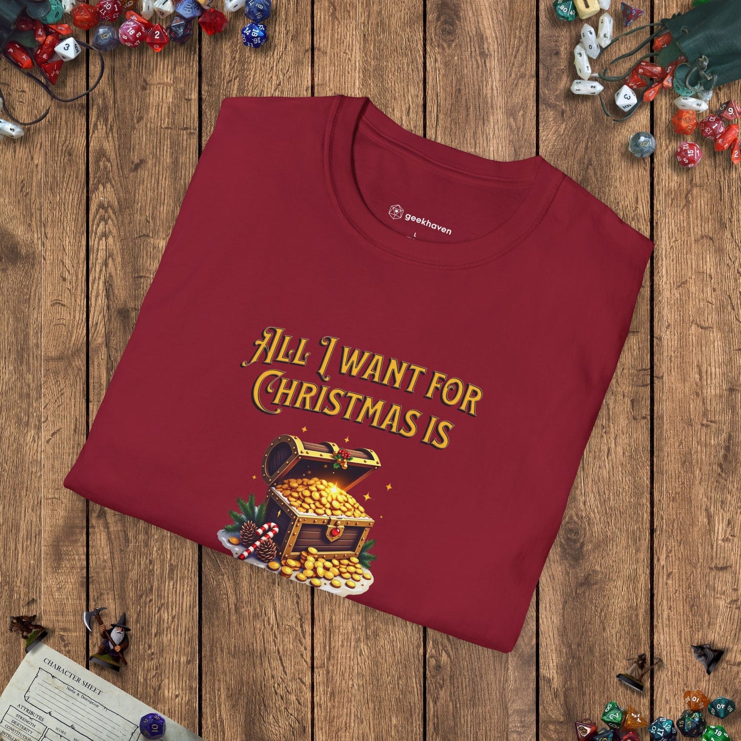 All I Want for Christmas Is Loooot Funny DnD Christmas T-shirt Designed by GeekHaven