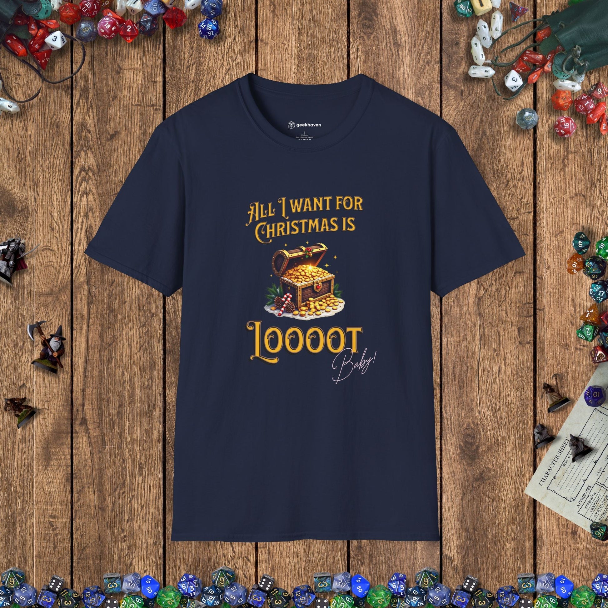 All I Want for Christmas Is Loooot Funny DnD Christmas T-shirt Designed by GeekHaven
