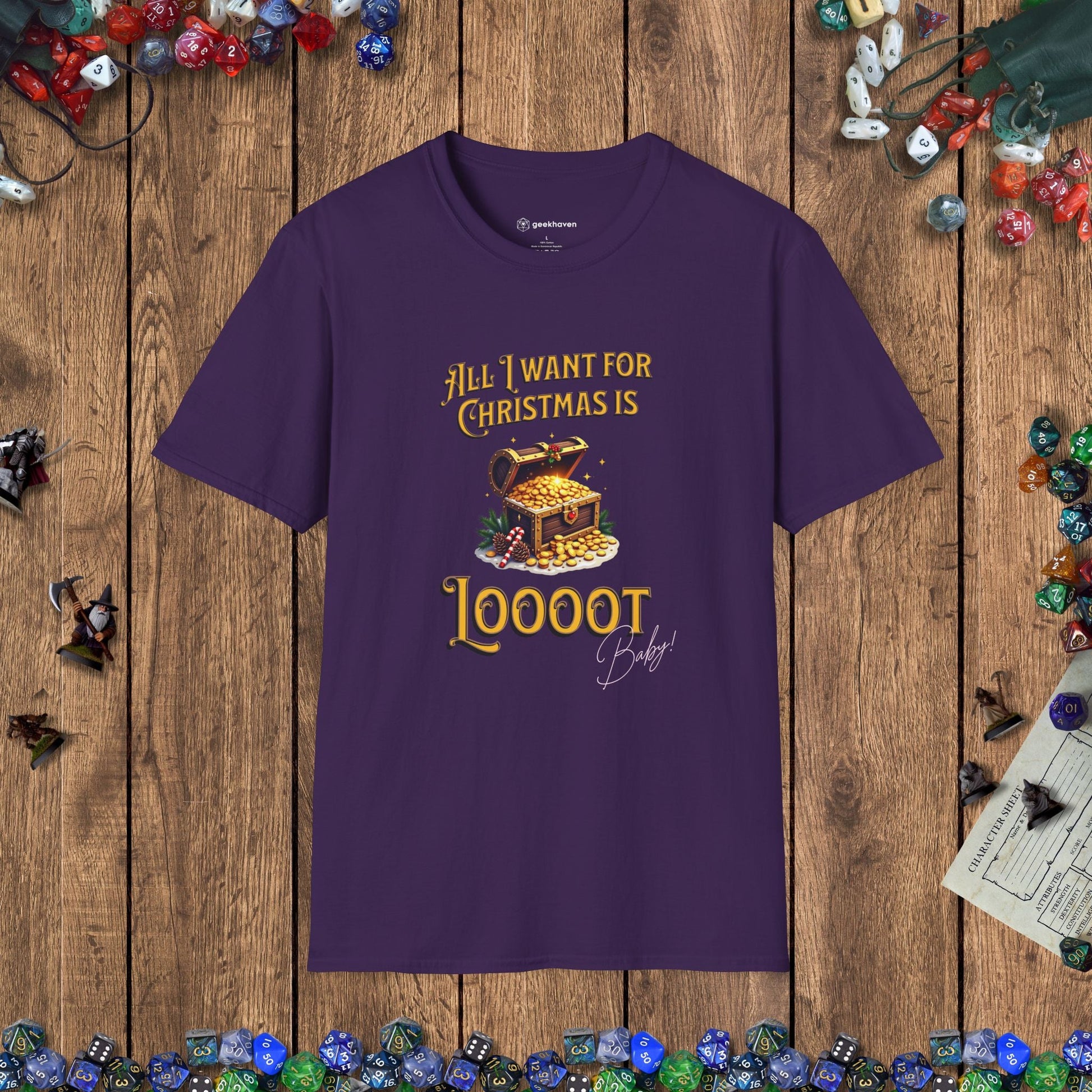 All I Want for Christmas Is Loooot Funny DnD Christmas T-shirt Designed by GeekHaven