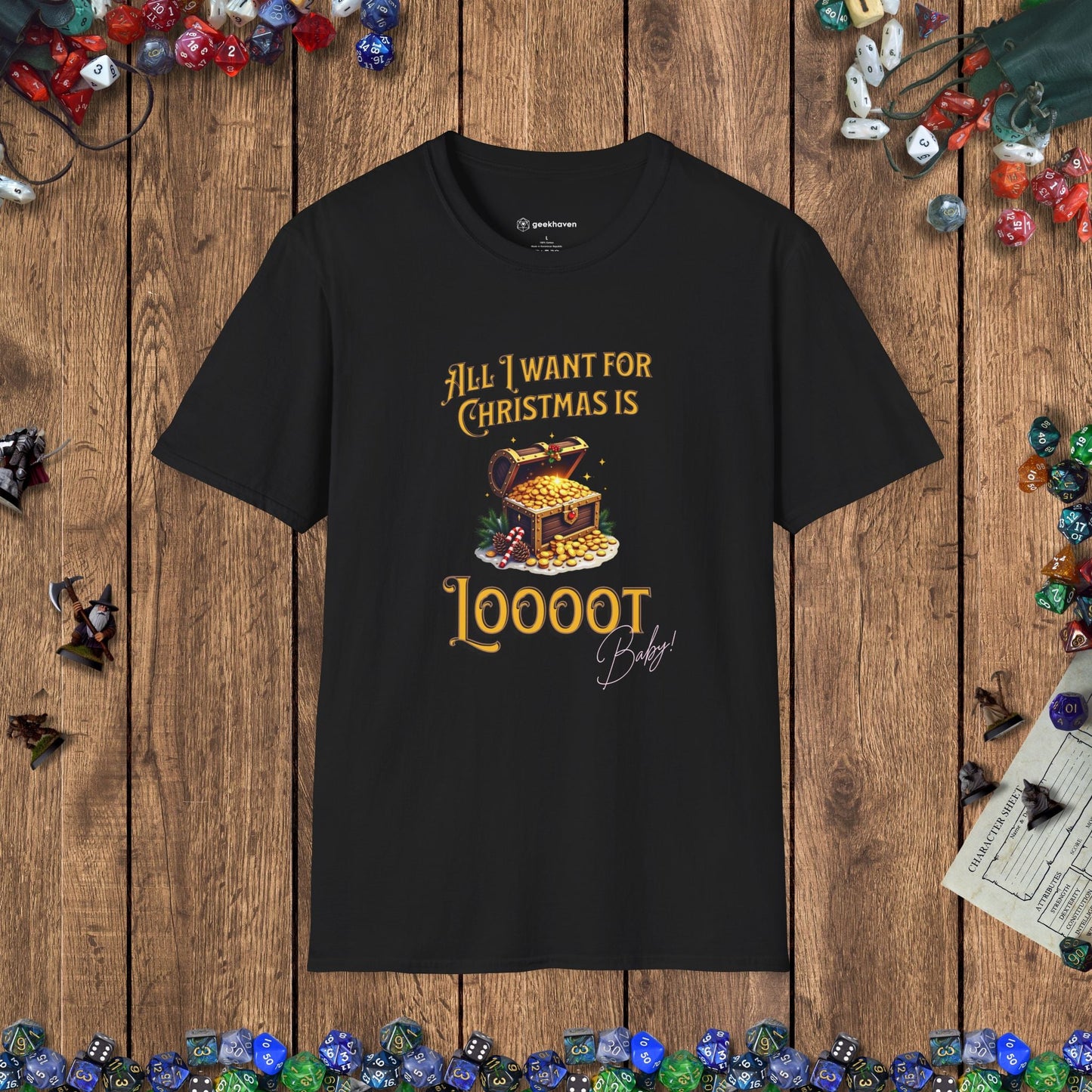 All I Want for Christmas Is Loooot Funny DnD Christmas T-shirt Designed by GeekHaven