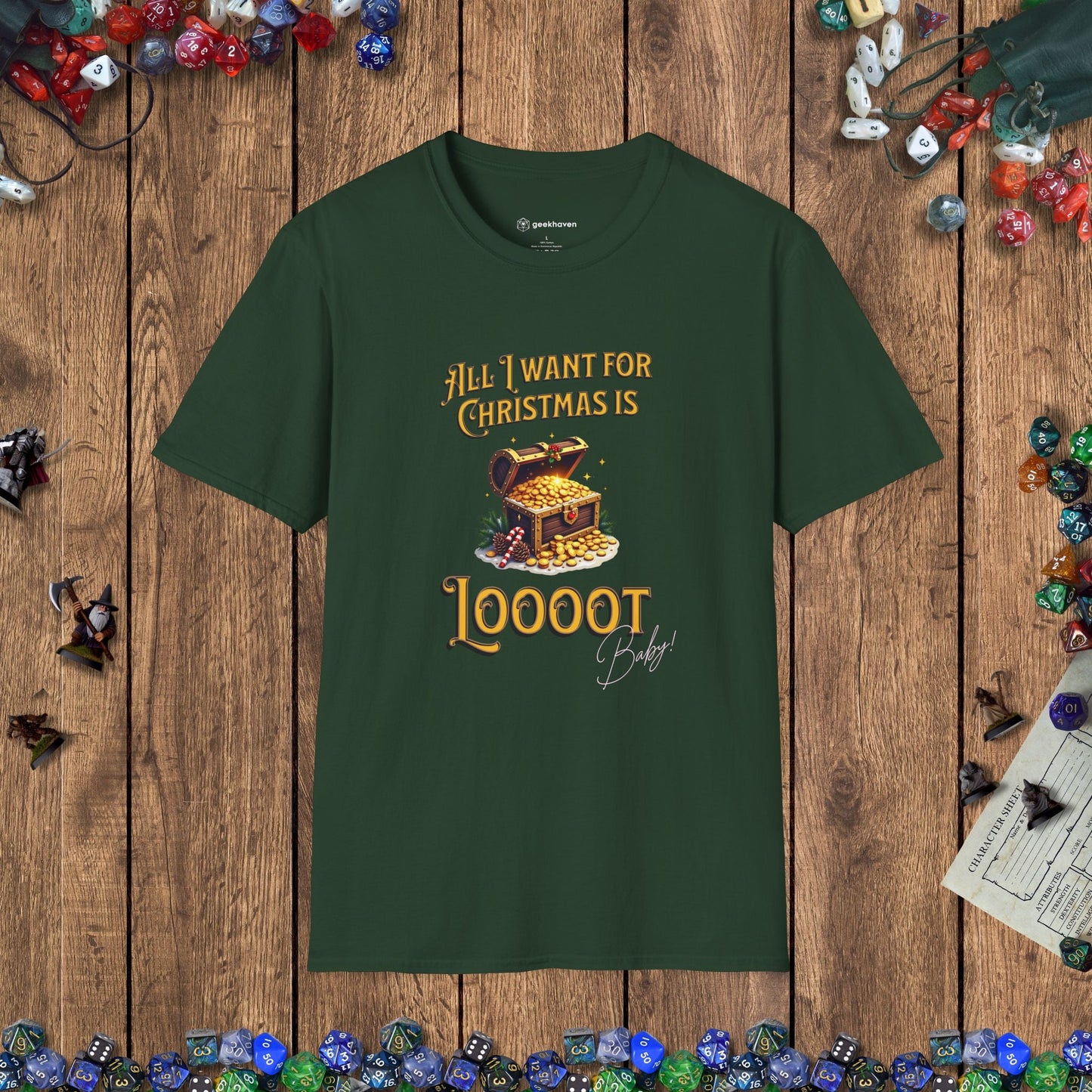 All I Want for Christmas Is Loooot Funny DnD Christmas T-shirt Designed by GeekHaven