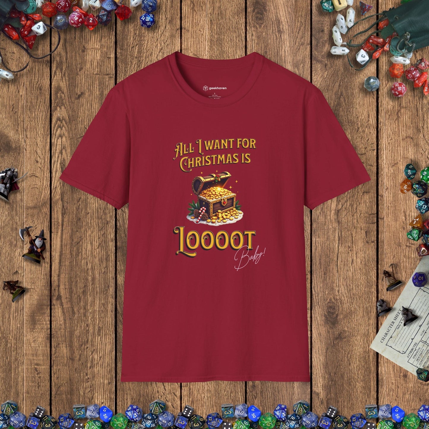 All I Want for Christmas Is Loooot Funny DnD Christmas T-shirt Designed by GeekHaven