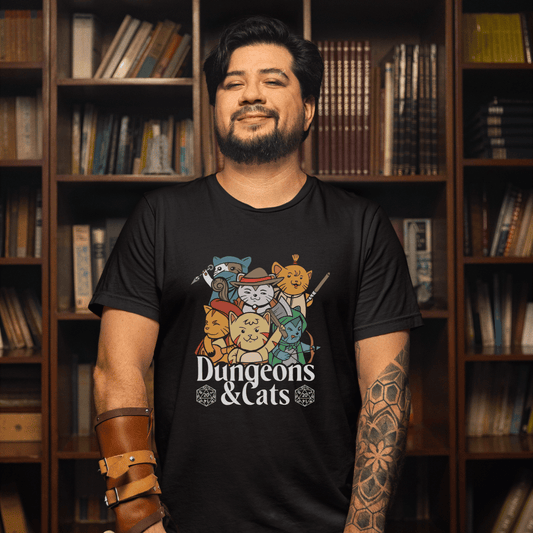 Dungeons & Cats Funny DnD T-Shirt Designed by GeekHaven