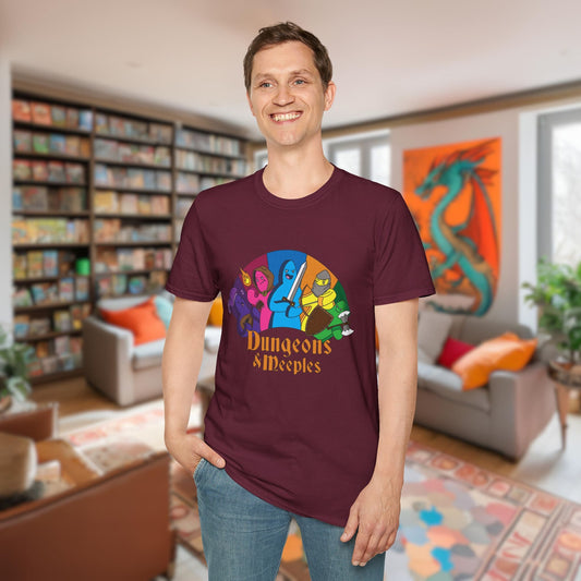Dungeons & Meeples Funny Board Game T-Shirt Designed by GeekHaven