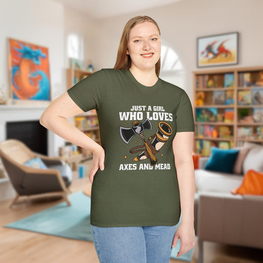 Just a Girl Who Loves Axes and Mead T-Shirt Designed by GeekHaven