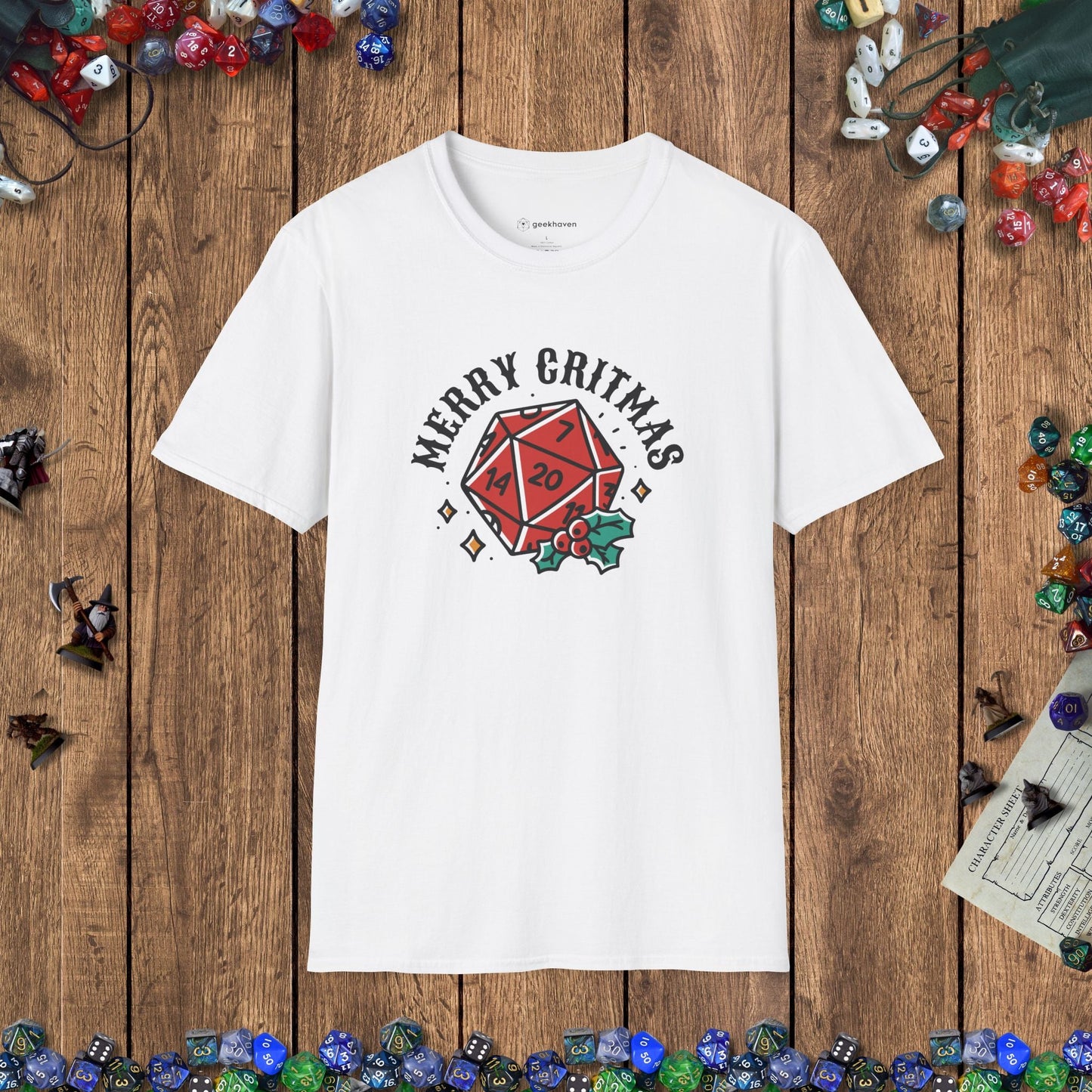 Merry Critmas D20 & Holly Funny DnD T-Shirt Designed by GeekHaven