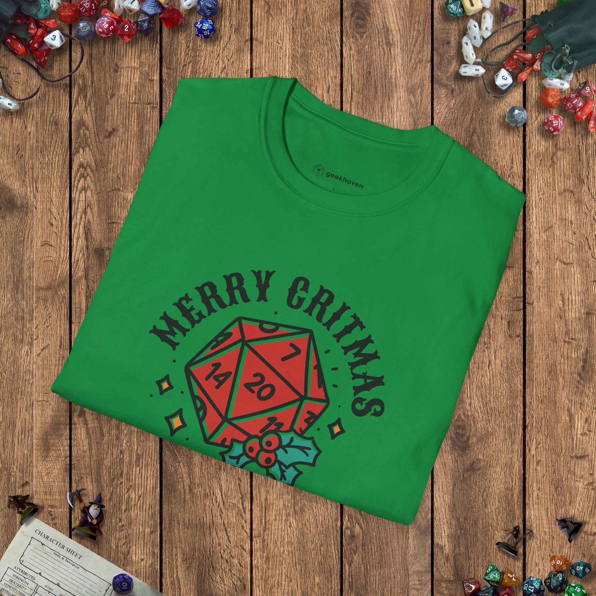 Merry Critmas D20 & Holly Funny DnD T-Shirt Designed by GeekHaven