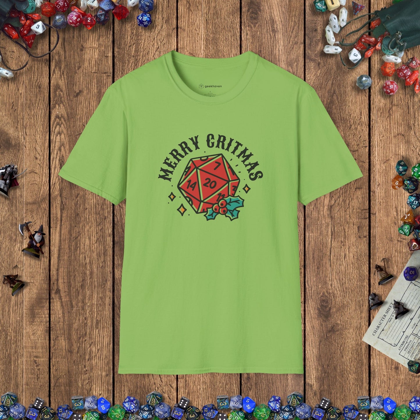 Merry Critmas D20 & Holly Funny DnD T-Shirt Designed by GeekHaven