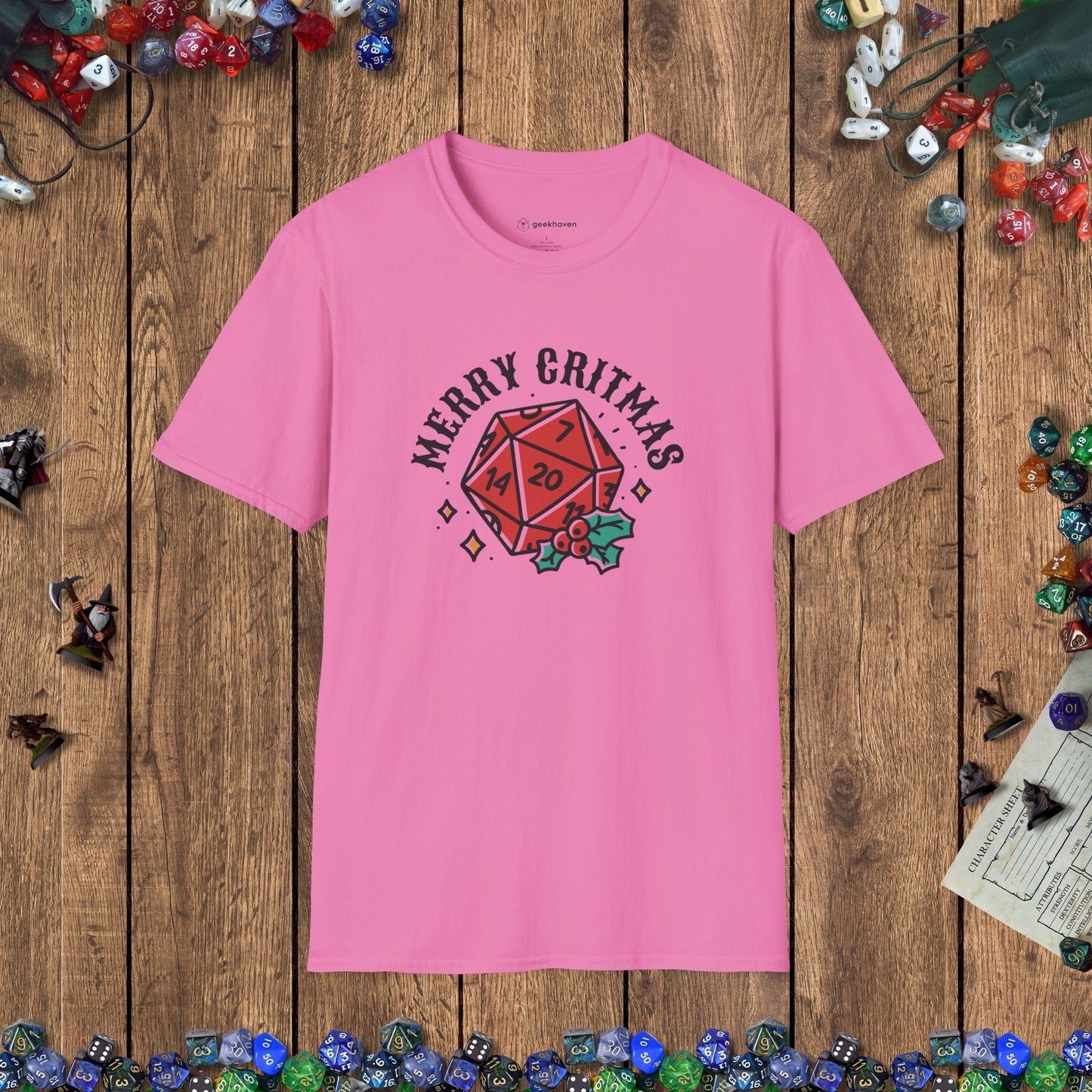 Merry Critmas D20 & Holly Funny DnD T-Shirt Designed by GeekHaven