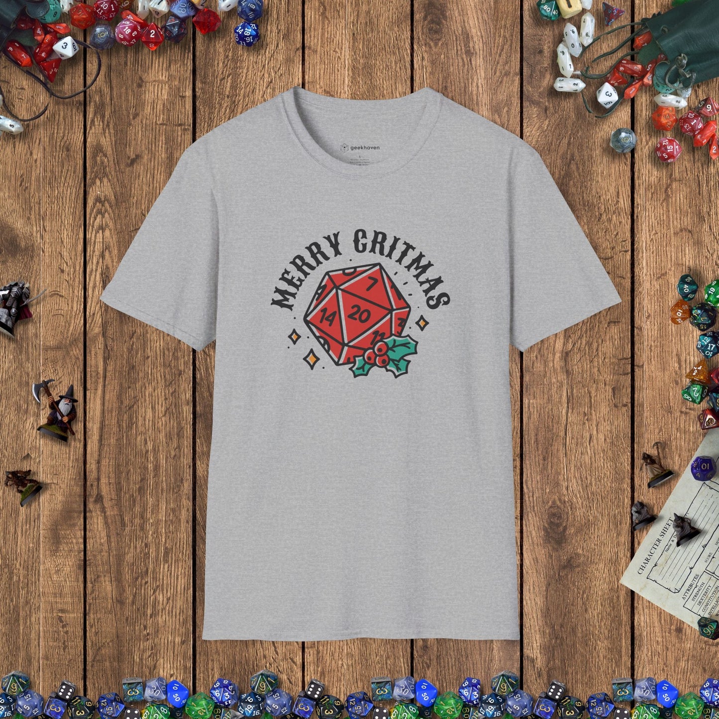 Merry Critmas D20 & Holly Funny DnD T-Shirt Designed by GeekHaven