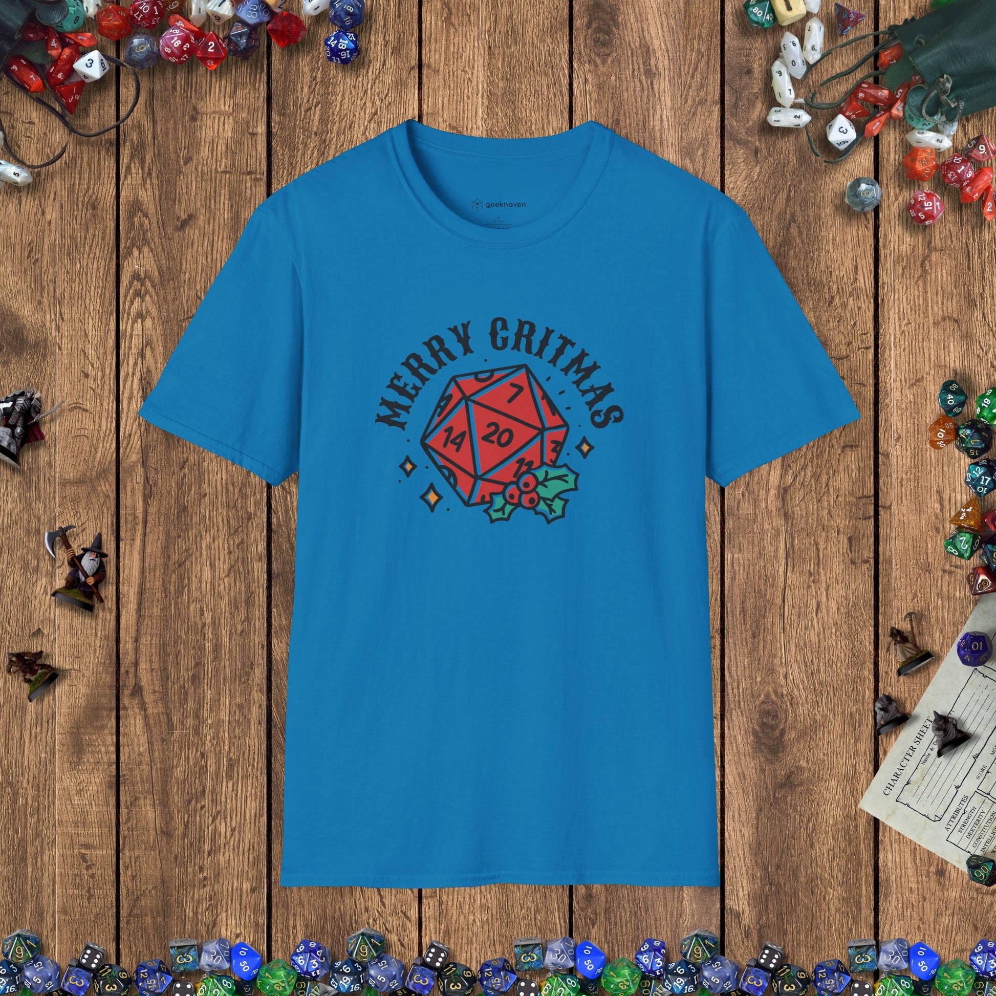 Merry Critmas D20 & Holly Funny DnD T-Shirt Designed by GeekHaven