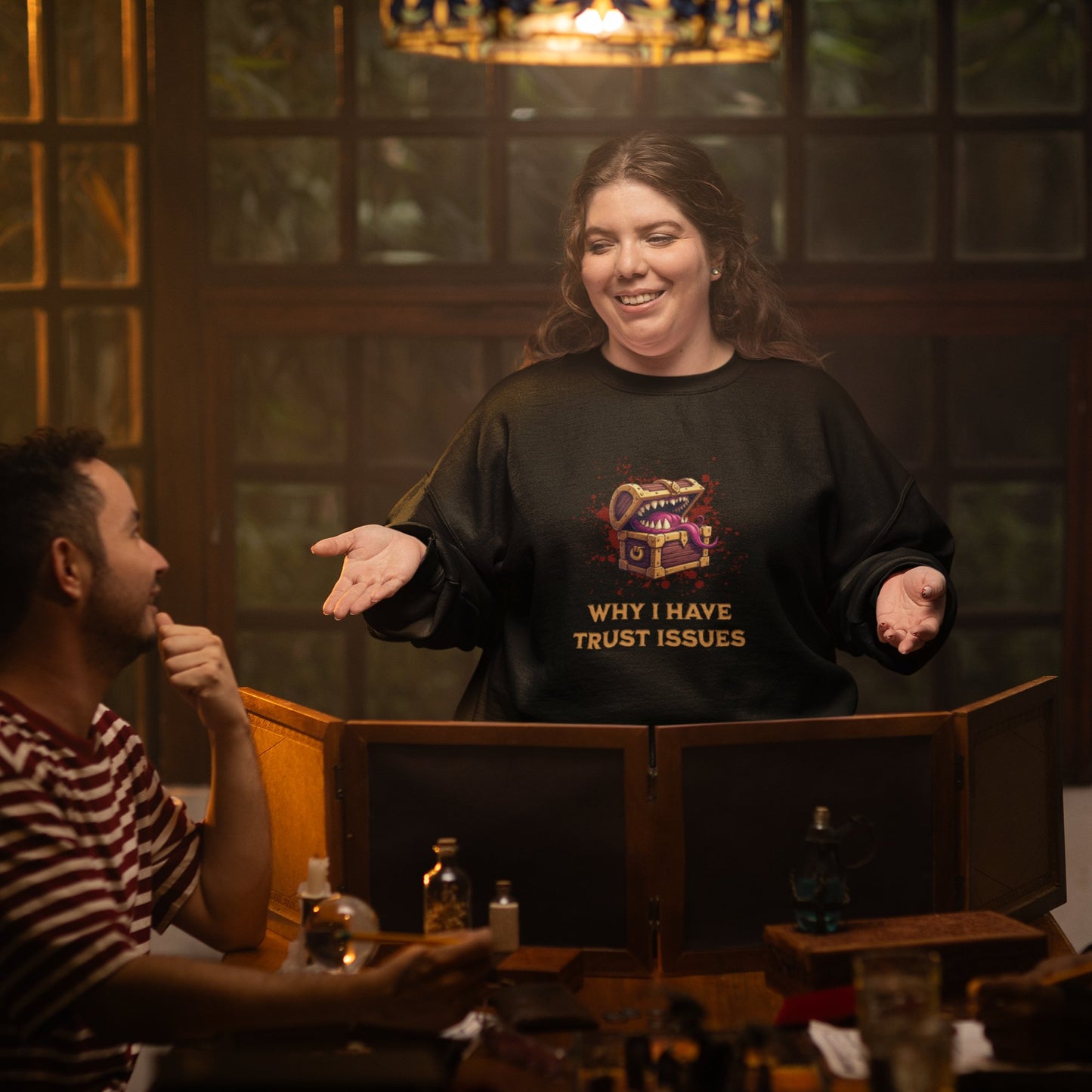Mimic Trust Issues Funny DnD Sweatshirt Designed by GeekHaven