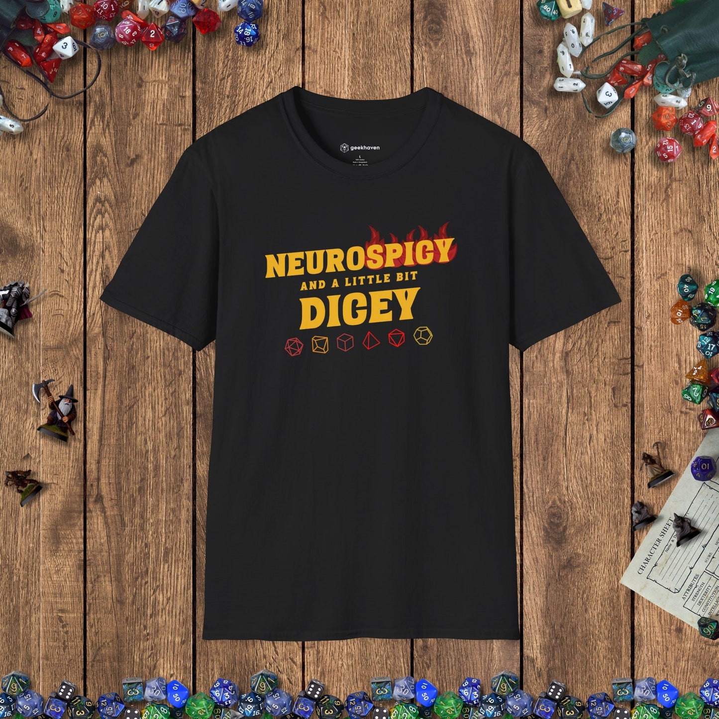 Neurospicy and a Little Bit Dicey Funny Gamer T-shirt Version 2 Designed by GeekHaven