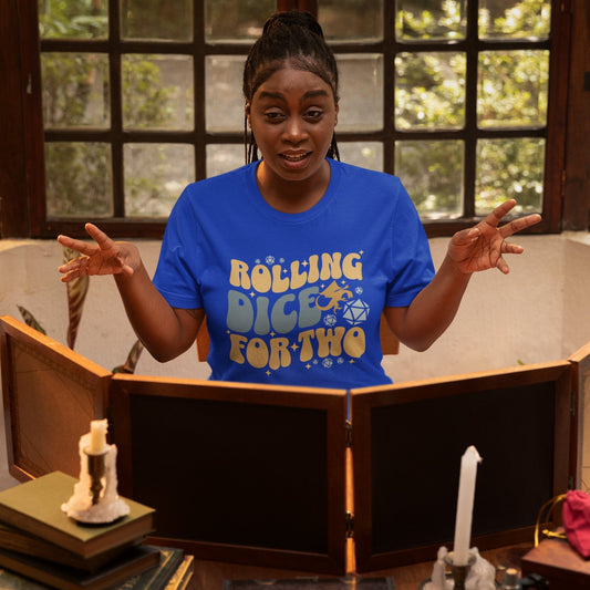 Rolling Dice for Two Ladies DnD T-Shirt Designed by GeekHaven