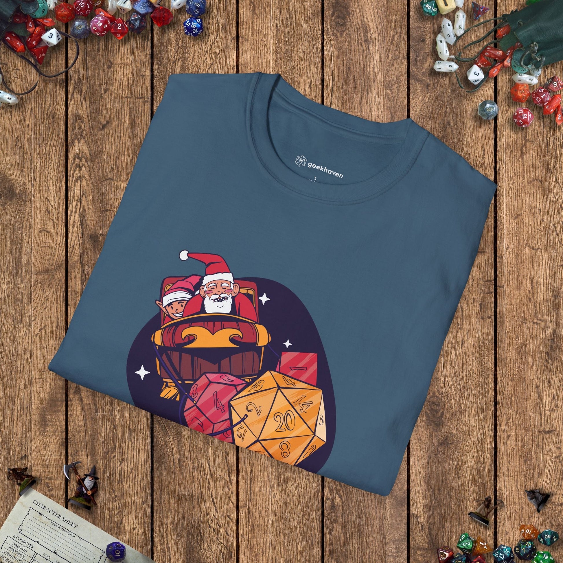 Santa's Dice - Powered Sleigh Funny DnD Christmas T-shirt Designed by GeekHaven