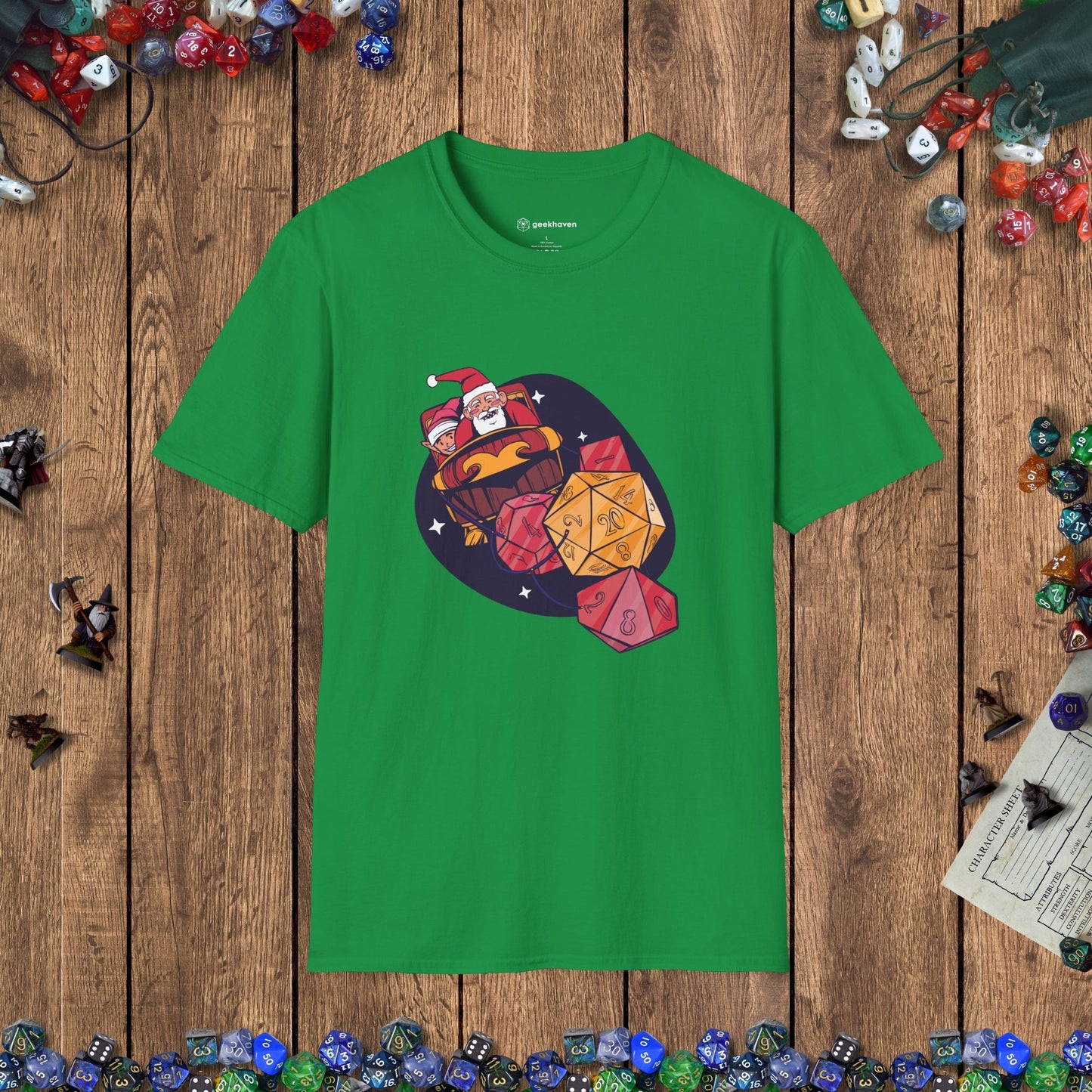 Santa's Dice - Powered Sleigh Funny DnD Christmas T-shirt Designed by GeekHaven