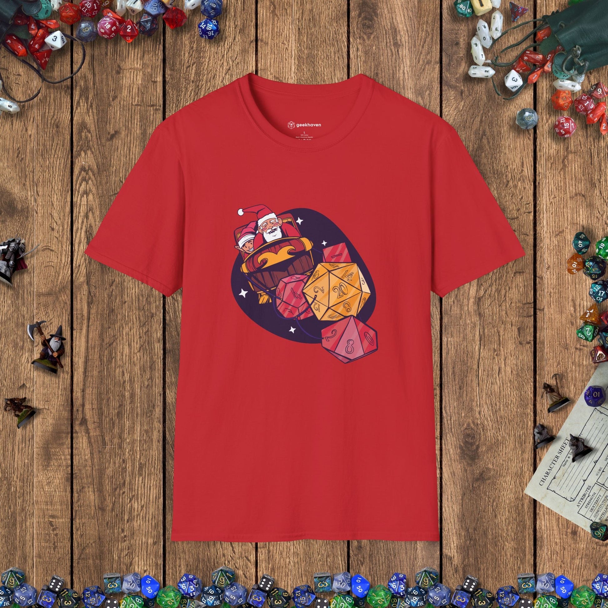 Santa's Dice - Powered Sleigh Funny DnD Christmas T-shirt Designed by GeekHaven