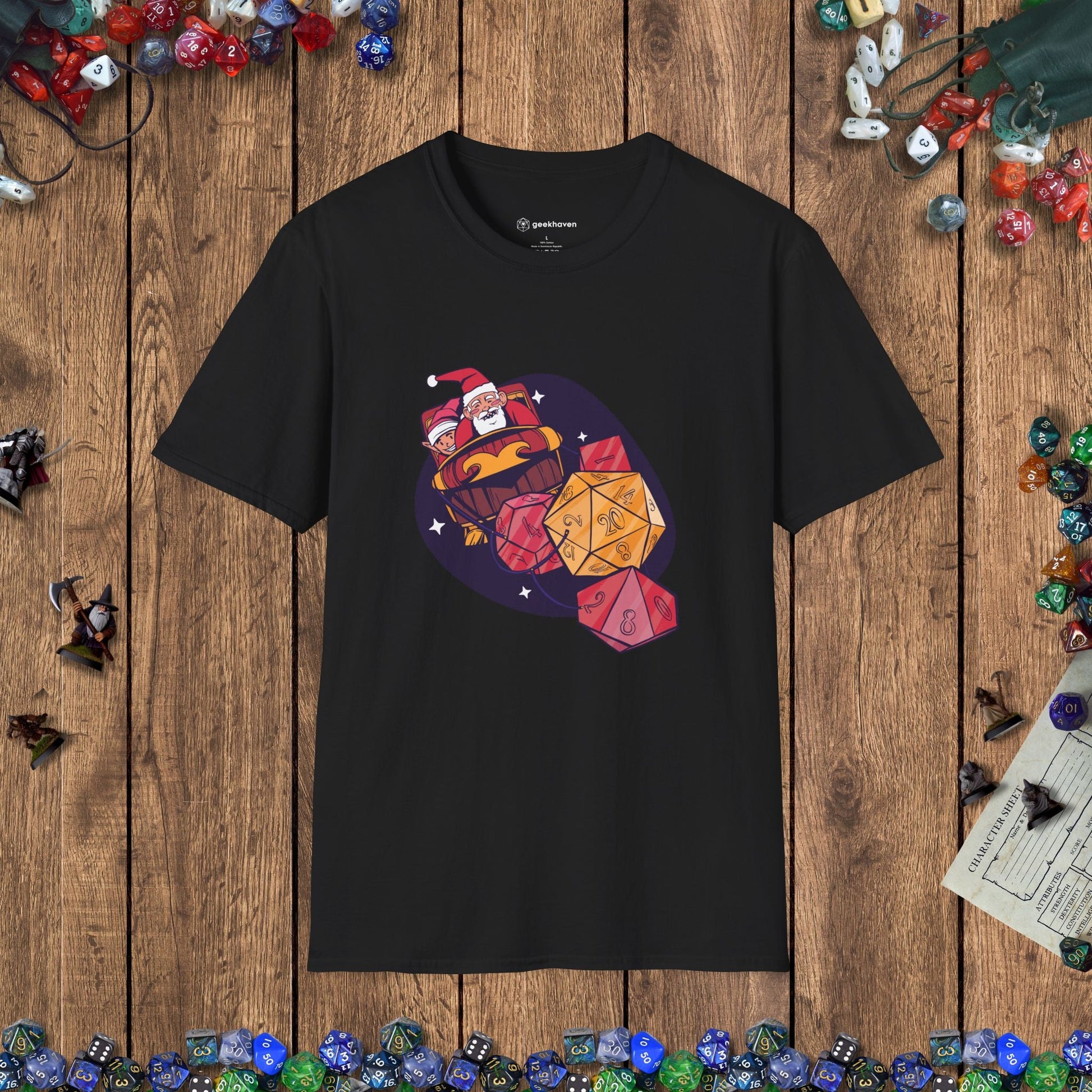 Santa's Dice - Powered Sleigh Funny DnD Christmas T-shirt Designed by GeekHaven