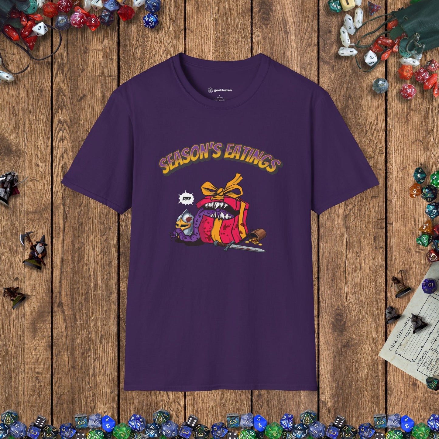 Season's Eatings Mimic Funny DnD Christmas T-shirt Designed by GeekHaven