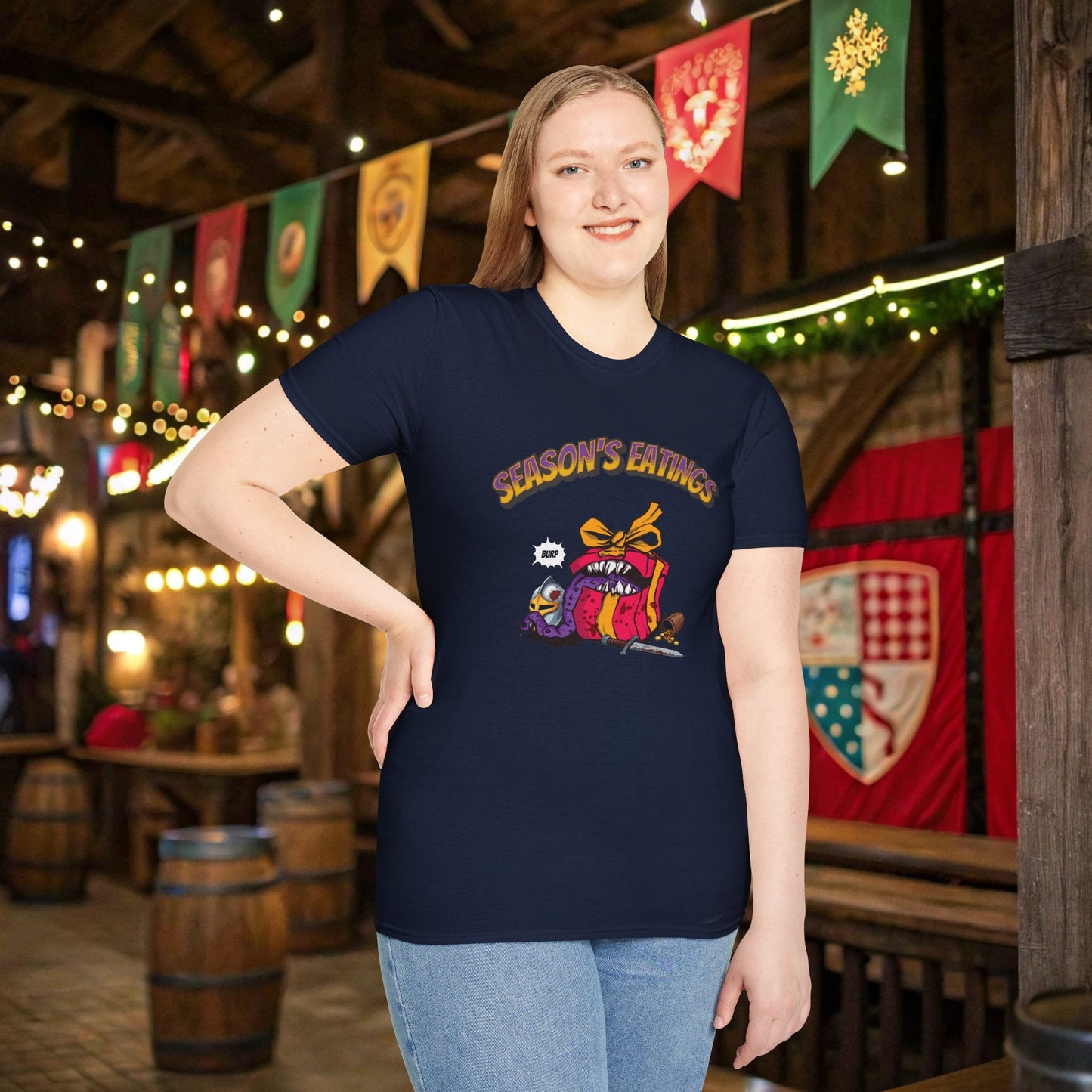 Season's Eatings Mimic Funny DnD Christmas T-shirt Designed by GeekHaven