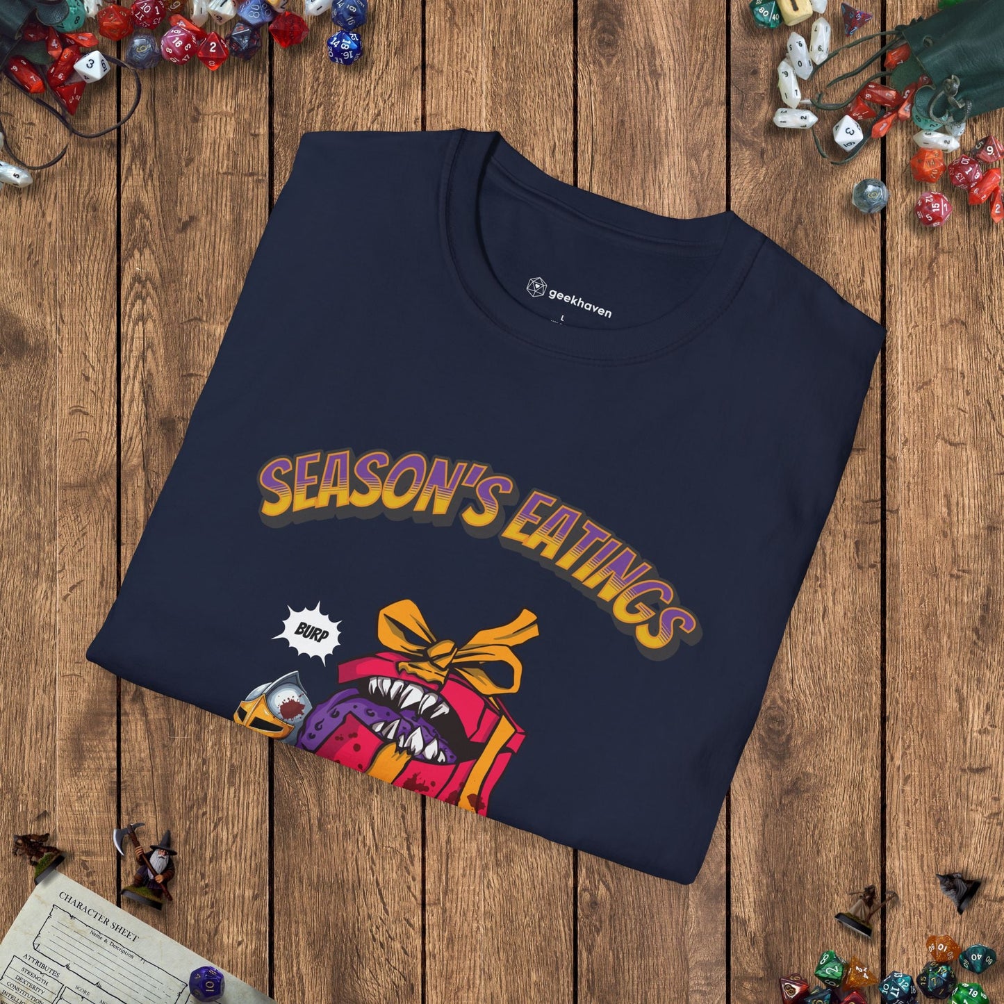 Season's Eatings Mimic Funny DnD Christmas T-shirt Designed by GeekHaven