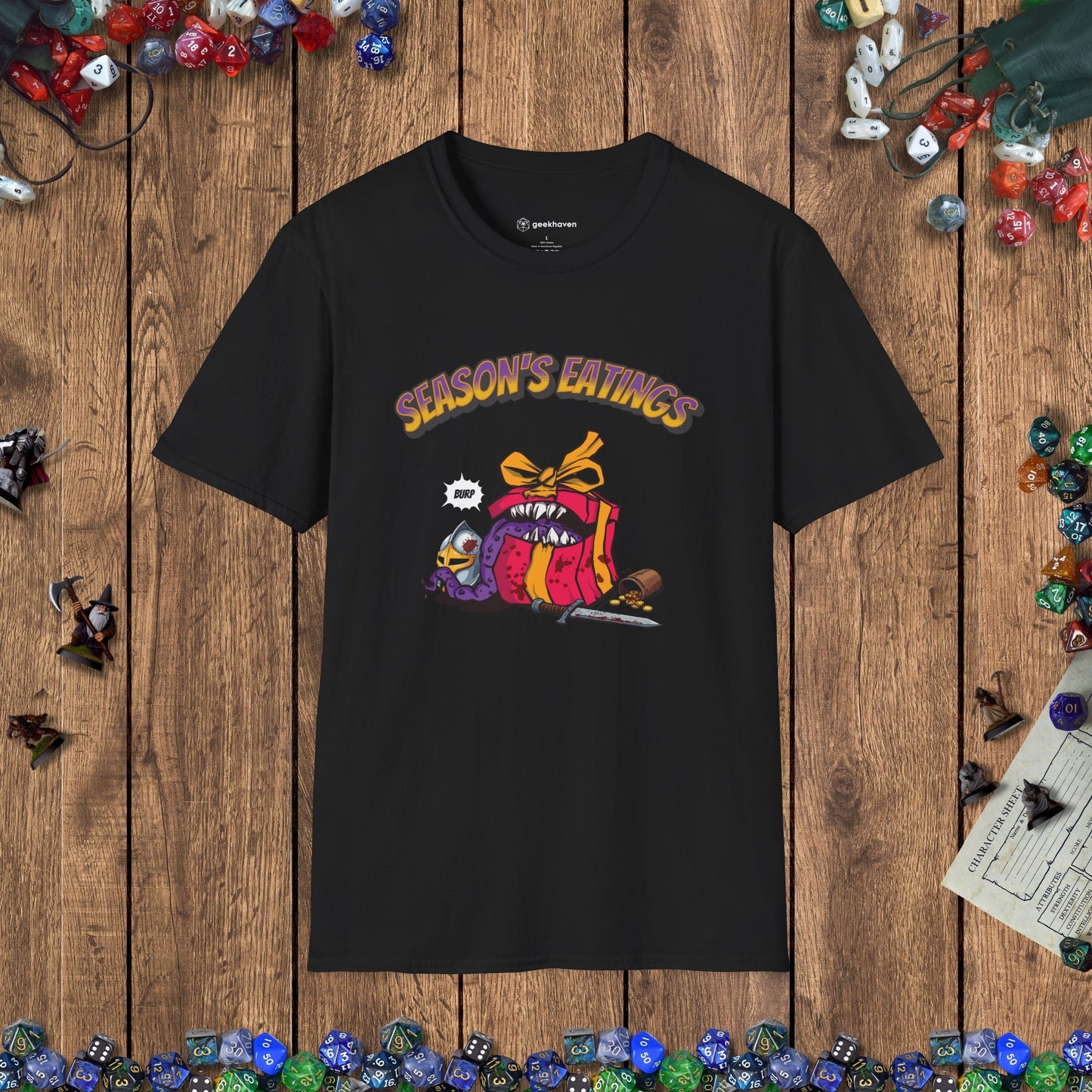 Season's Eatings Mimic Funny DnD Christmas T-shirt Designed by GeekHaven