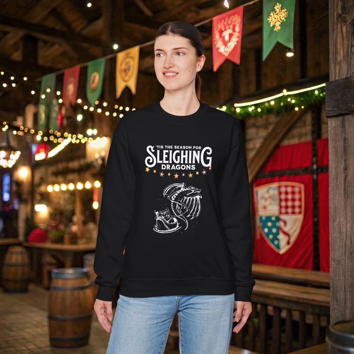 Sleighing Dragons Funny DnD Christmas Sweater Designed by GeekHaven