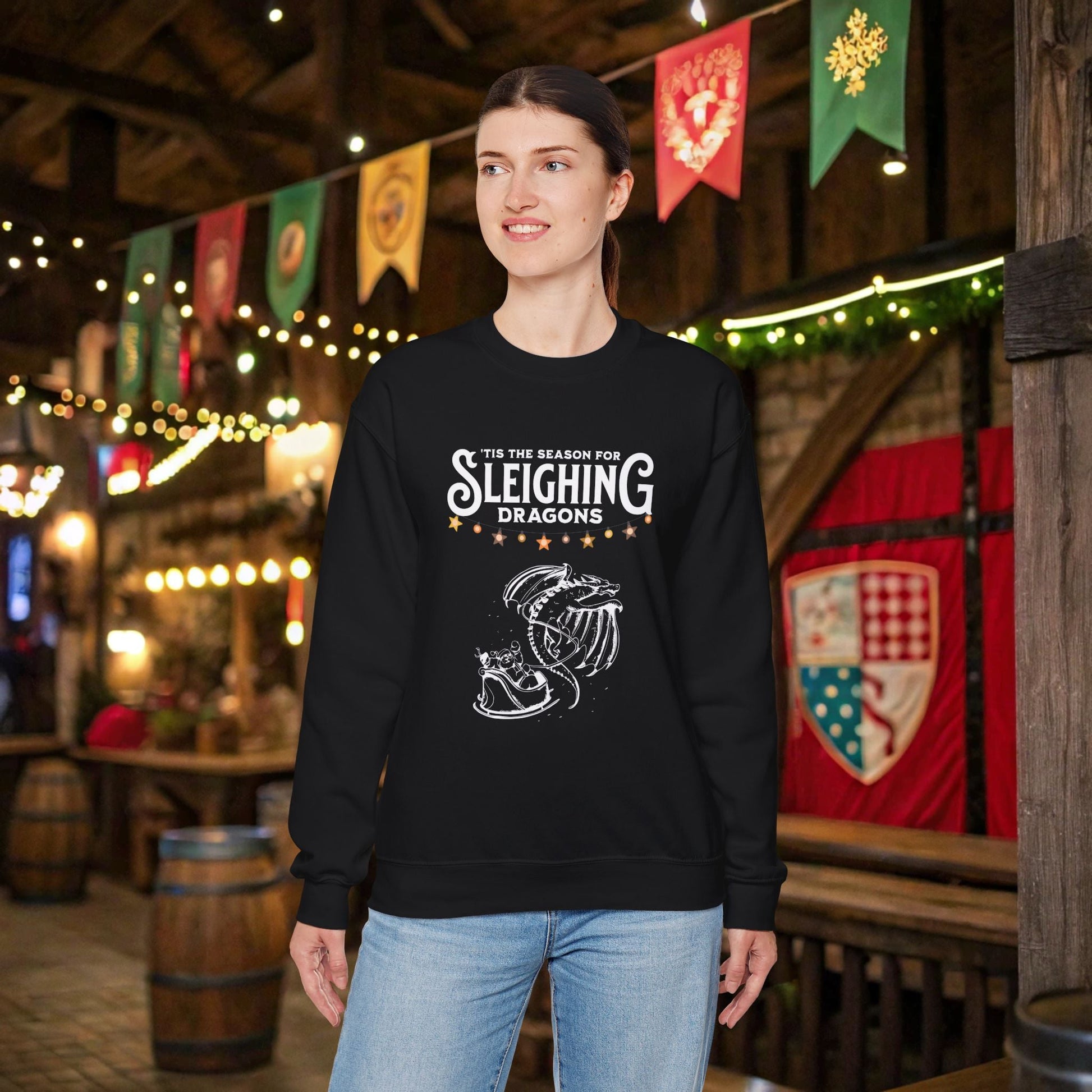 Sleighing Dragons Funny DnD Christmas Sweater Designed by GeekHaven