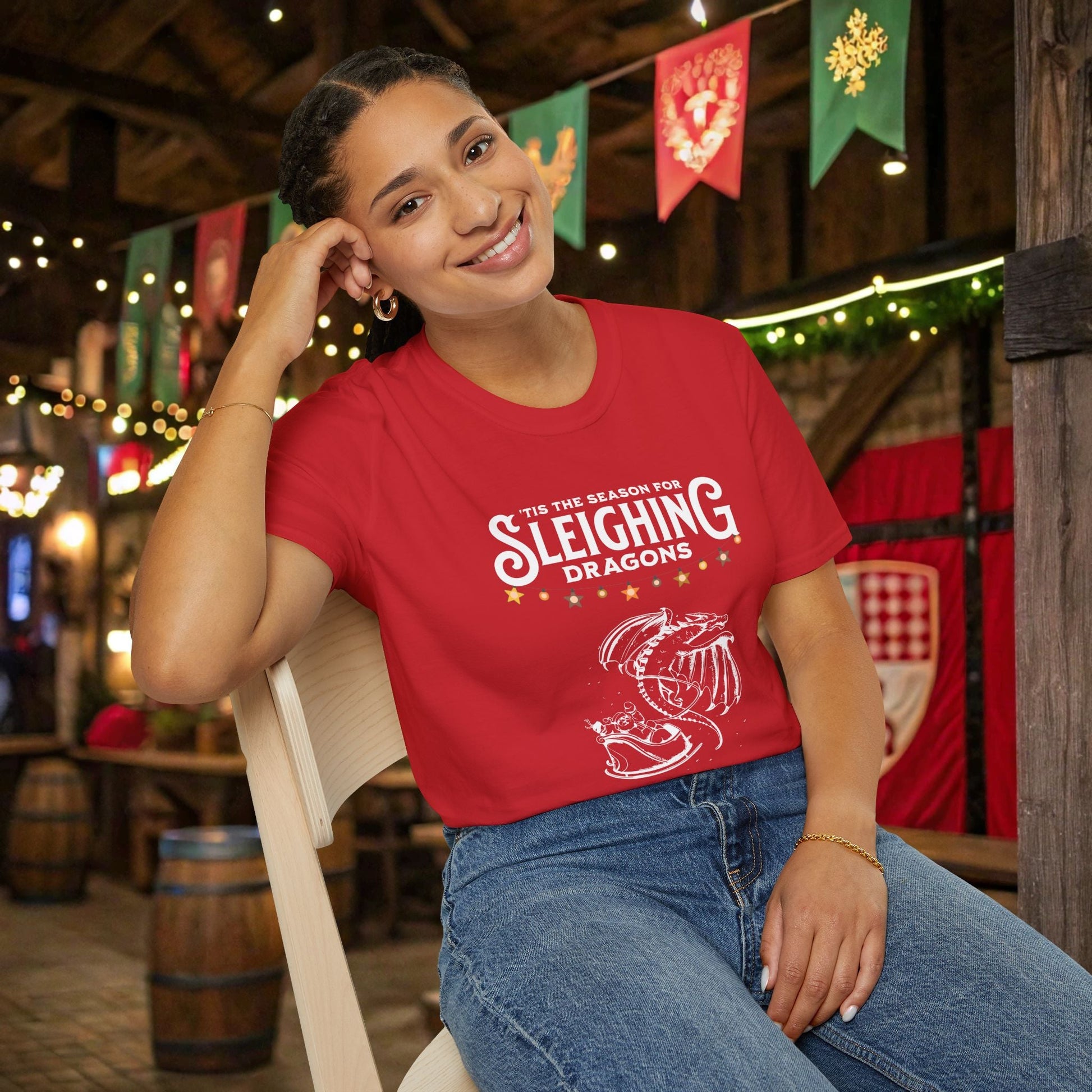 Sleighing Dragons Funny DnD Christmas T-shirt Designed by GeekHaven