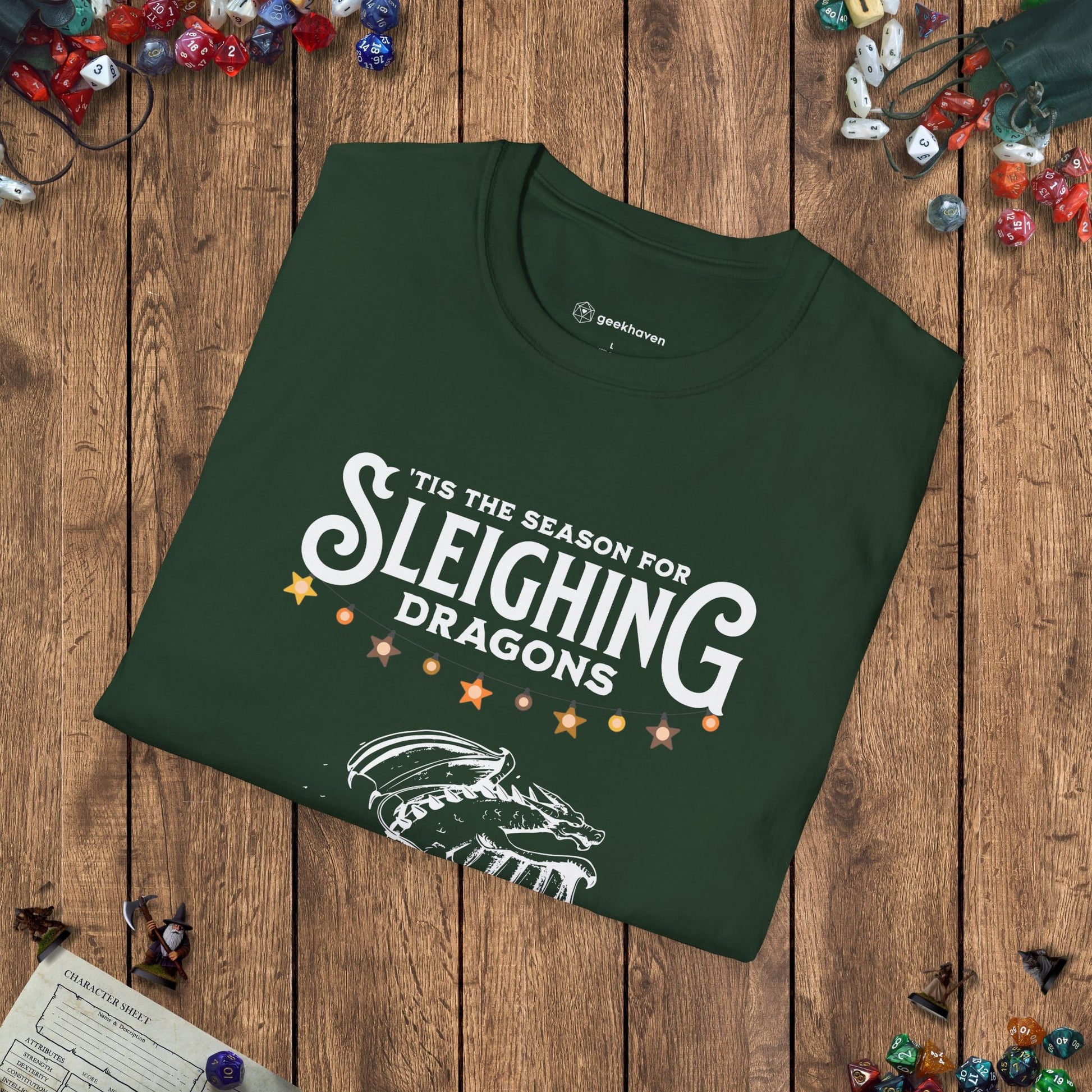 Sleighing Dragons Funny DnD Christmas T-shirt Designed by GeekHaven