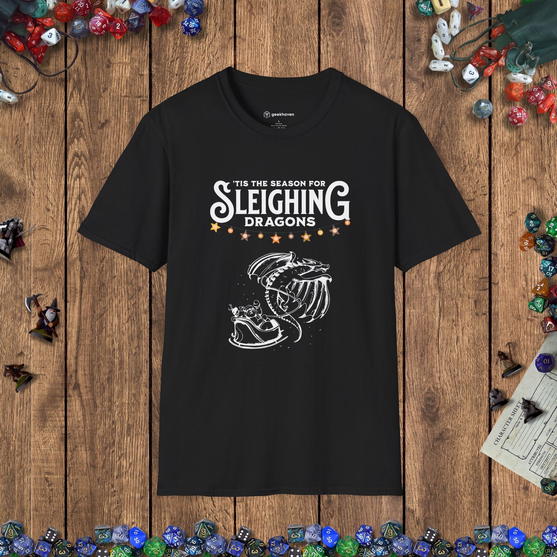 Sleighing Dragons Funny DnD Christmas T-shirt Designed by GeekHaven