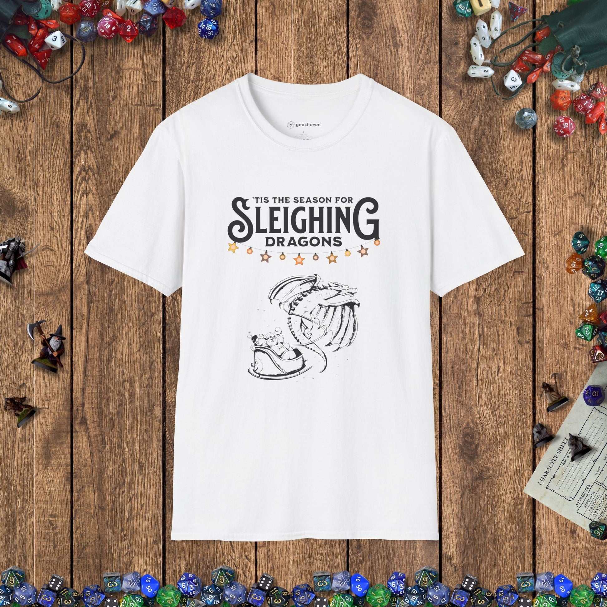 Sleighing Dragons Funny DnD Christmas T-shirt Designed by GeekHaven