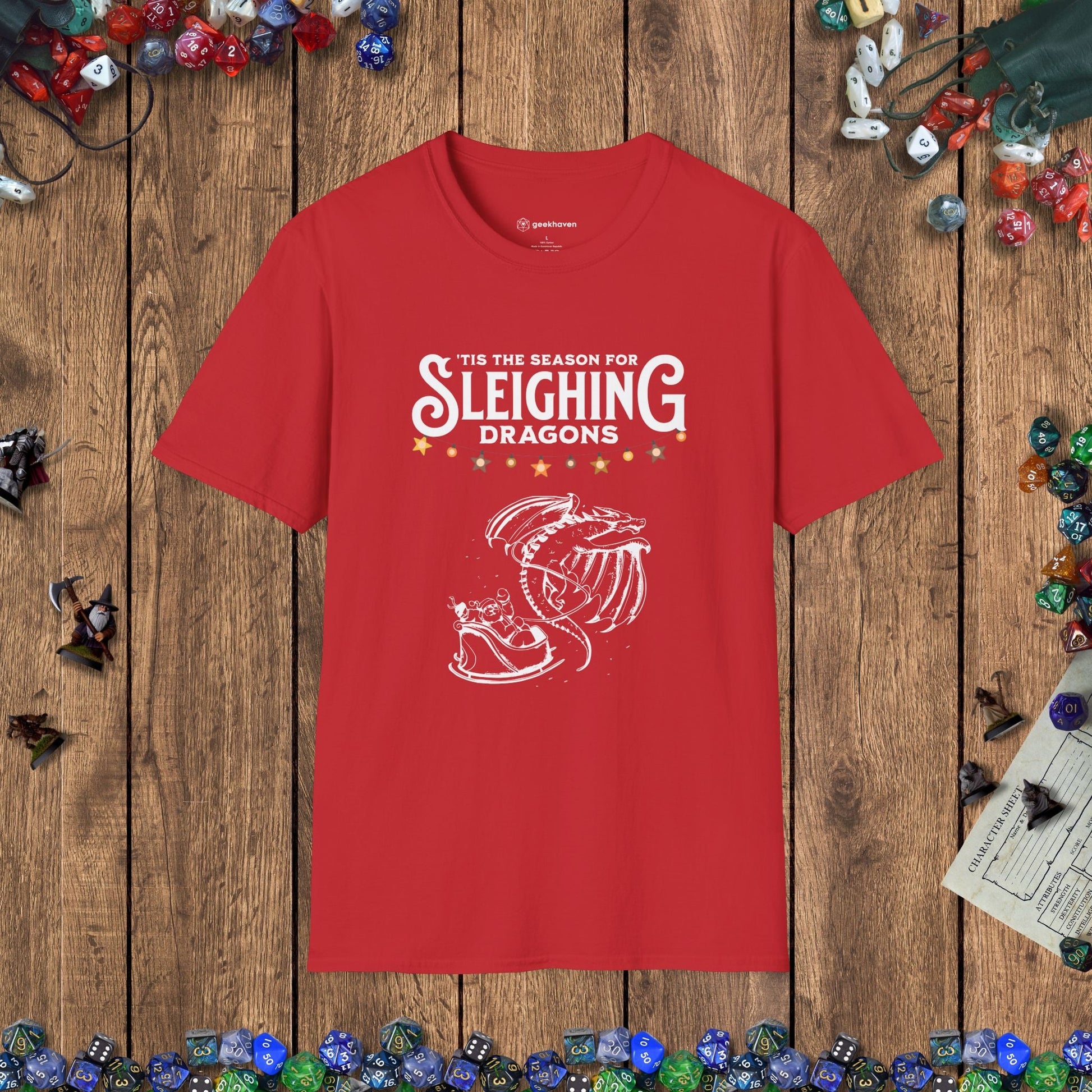 Sleighing Dragons Funny DnD Christmas T-shirt Designed by GeekHaven