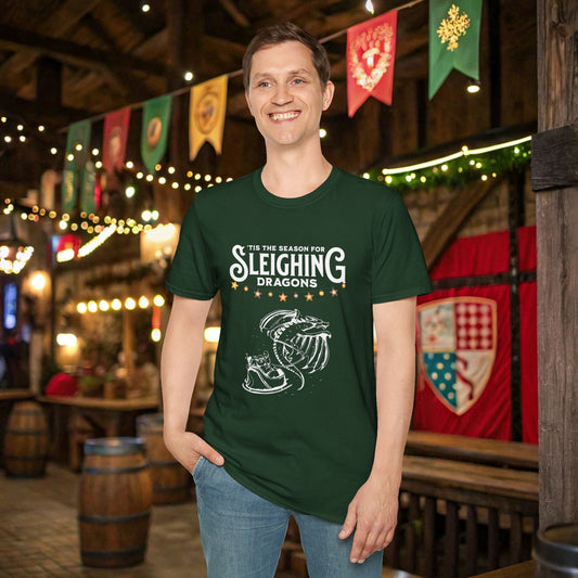 Sleighing Dragons Funny DnD Christmas T-shirt Designed by GeekHaven