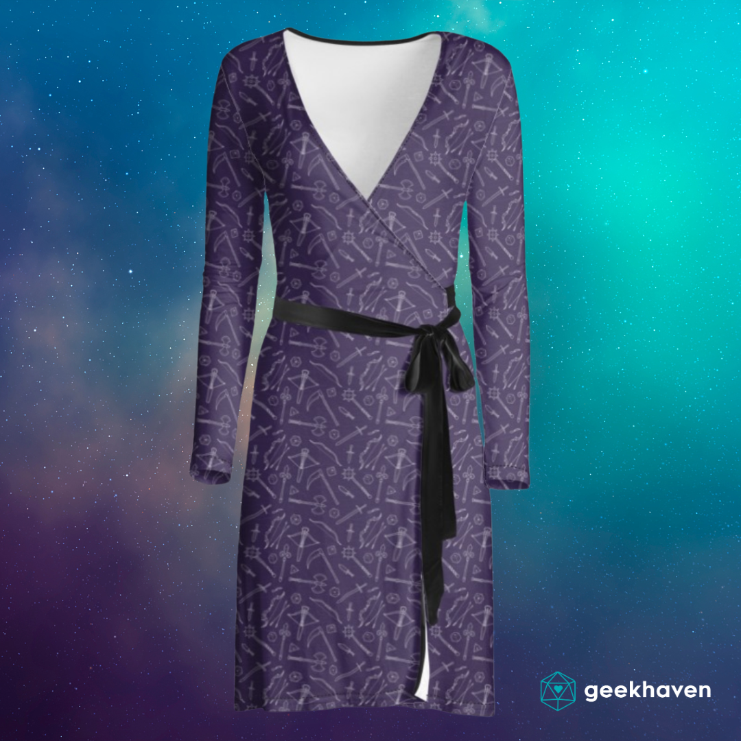 Purple Medieval Weapons Wrap Dress