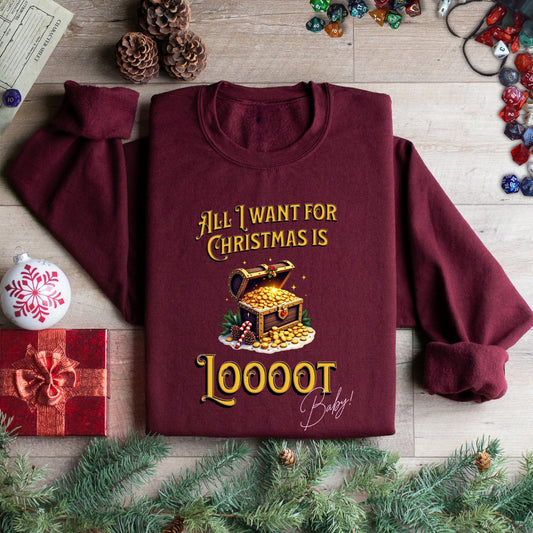 All I Want for Christmas Is Loooot Funny DnD Christmas Sweater Designed by GeekHaven