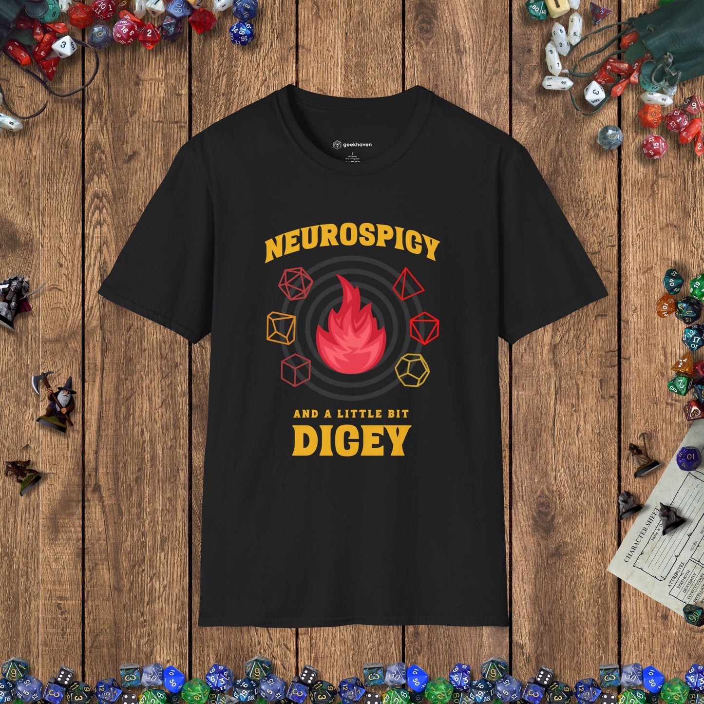 Neurospicy and a Little Bit Dicey Funny Gamer T-shirt Version 1 Designed by GeekHaven