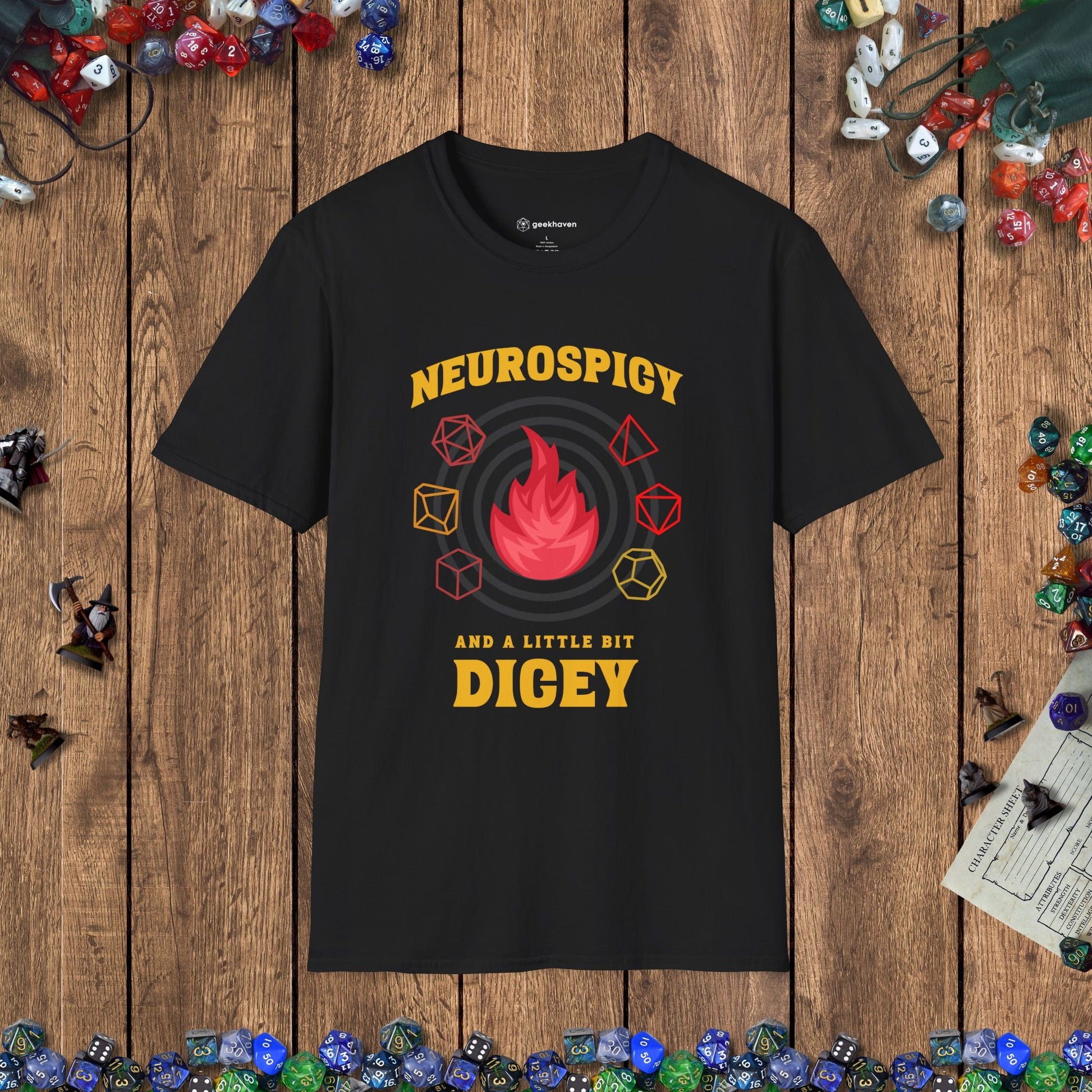 Neurospicy and a Little Bit Dicey Funny Gamer T-shirt Version 1 Designed by GeekHaven