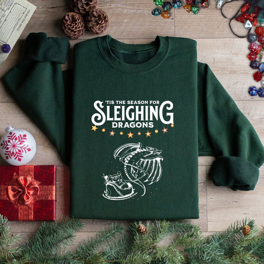 Sleighing Dragons Funny DnD Christmas Sweater Designed by GeekHaven