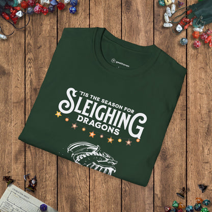 Sleighing Dragons Funny DnD Christmas T-shirt Designed by GeekHaven